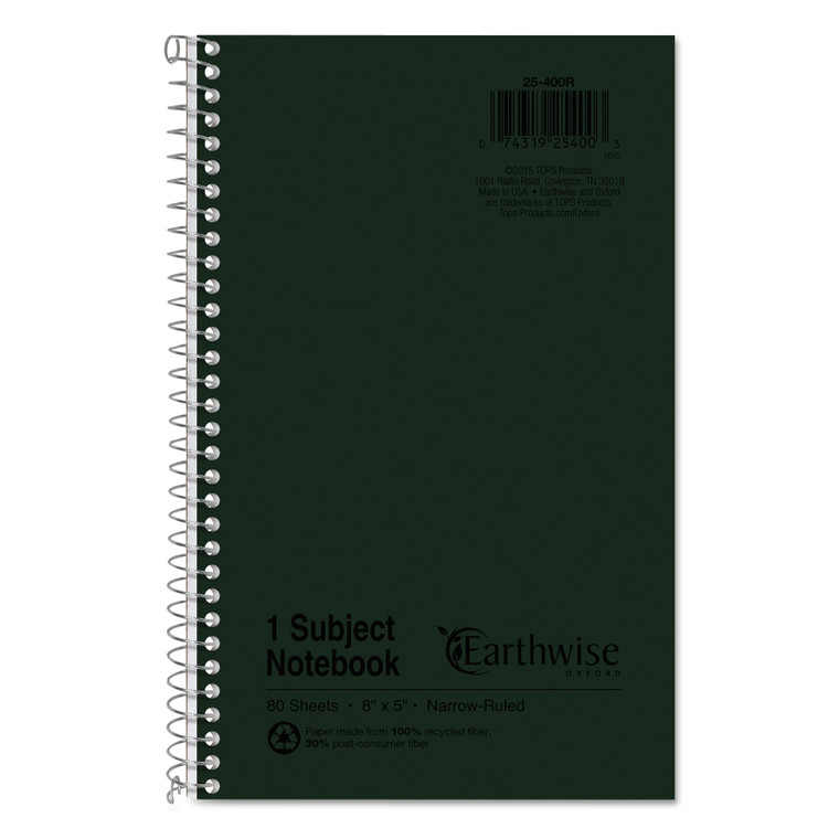 Earthwise By Oxford Recycled One-Subject Notebook, Narrow Rule, Green Cover, 8 X 5, 80 Sheets - TOP25400