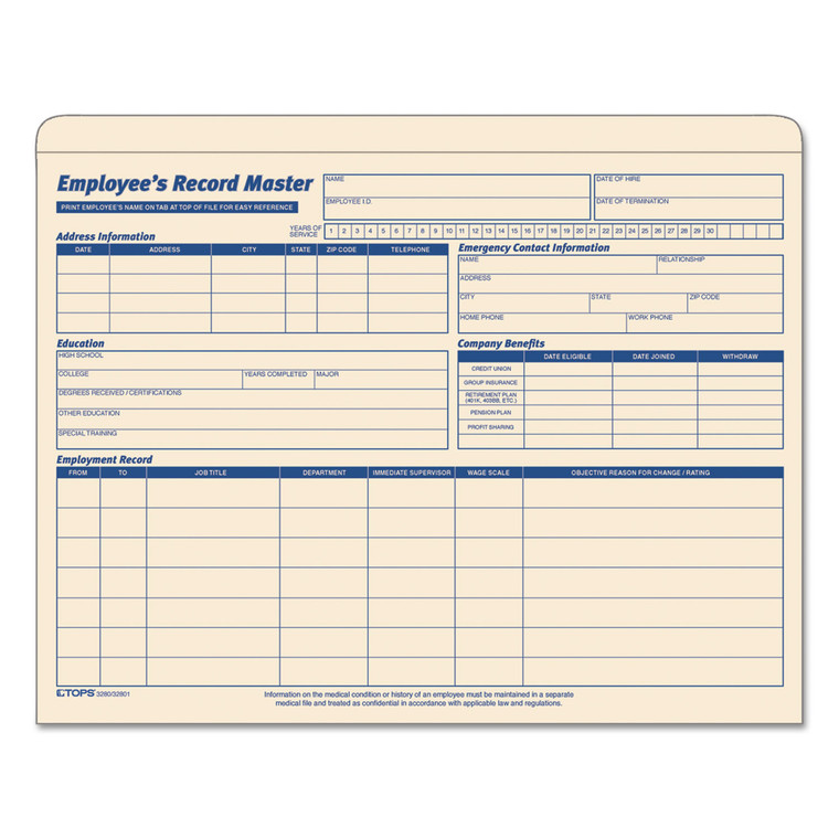Employee Record Master File Jacket, Straight Tab, Letter Size, Manila, 20/pack - TOP3280