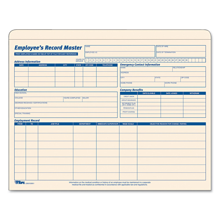 Employee Record Master File Jacket, Straight Tab, Letter Size, Manila, 15/pack - TOP32801