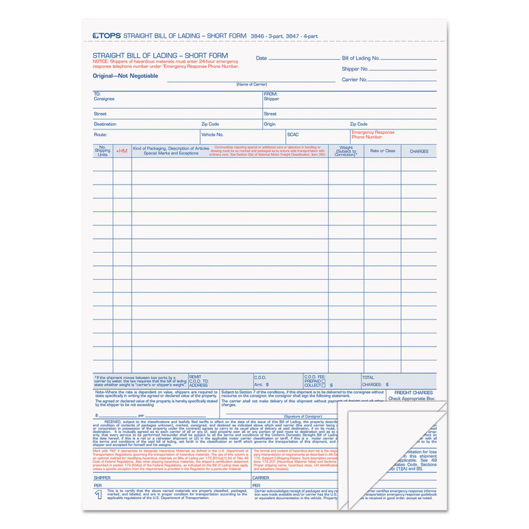 Bill Of Lading,16-Line, Three-Part Carbonless, 8.5 X 11, 1/page, 50 Forms - TOP3846