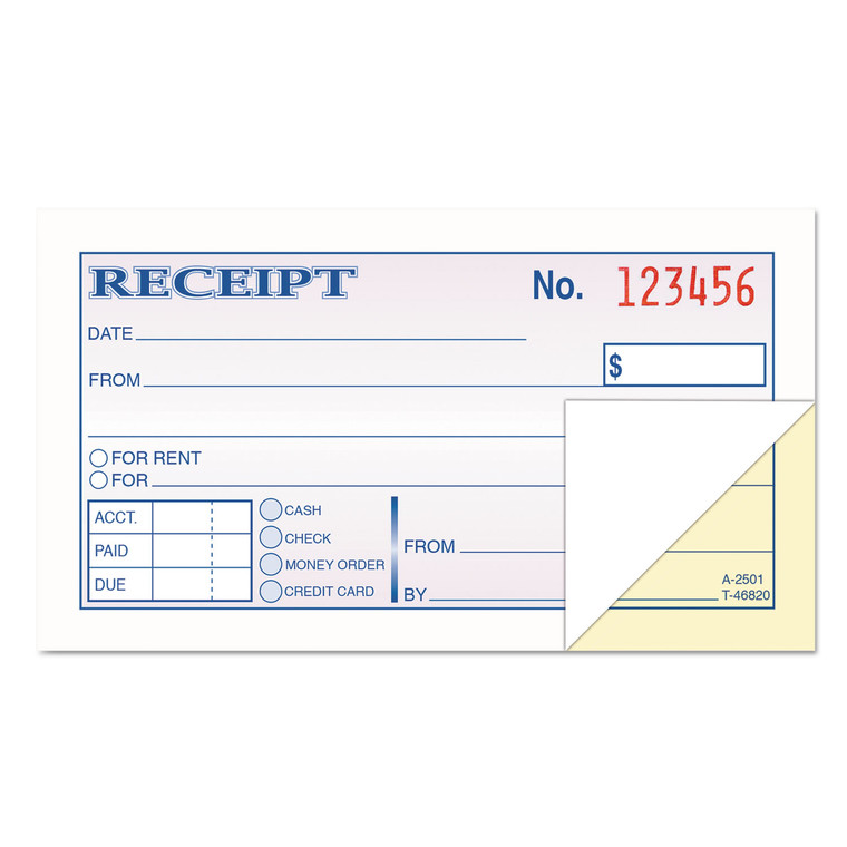 Money And Rent Receipt Books, Two-Part Carbonless, 2.75 X 4.78, 1/page, 250 Forms - TOP46820