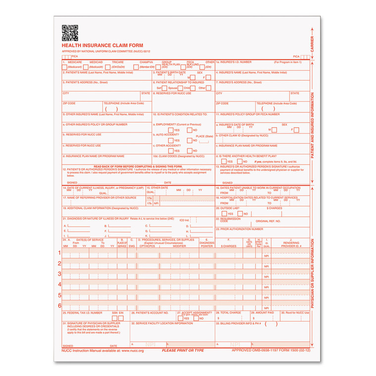 Centers For Medicare And Medicaid Services Claim Forms, Cms1500/hcfa1500, 8.5 X 11, 1/page, 250 Forms/pack - TOP50135RV