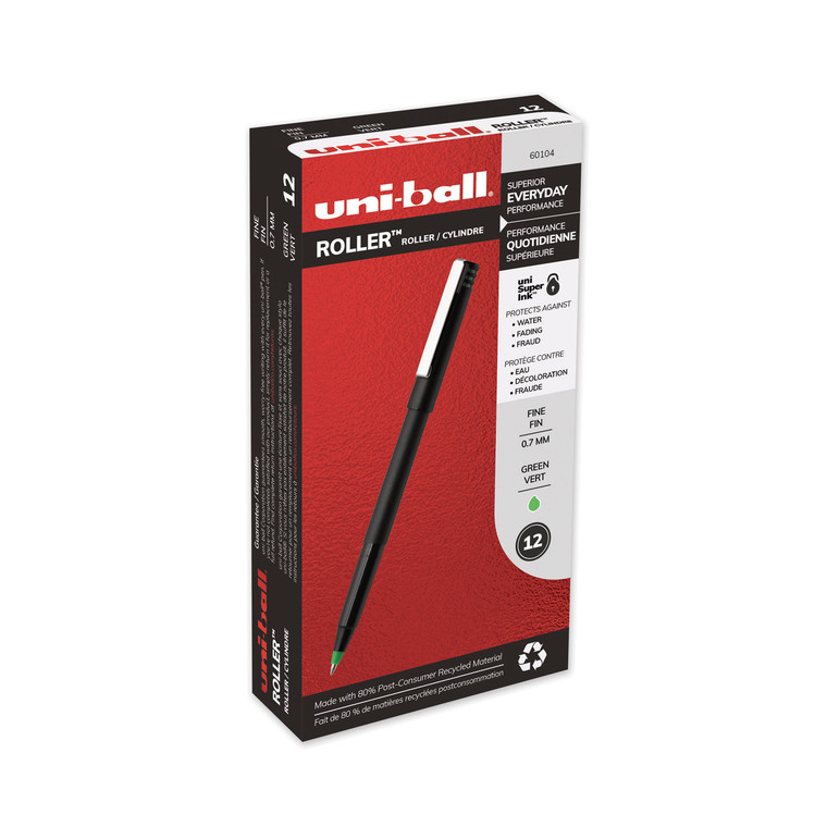 Roller Ball Pen, Stick, Fine 0.7 Mm, Green Ink, Black Matte Barrel, Dozen - UBC60104