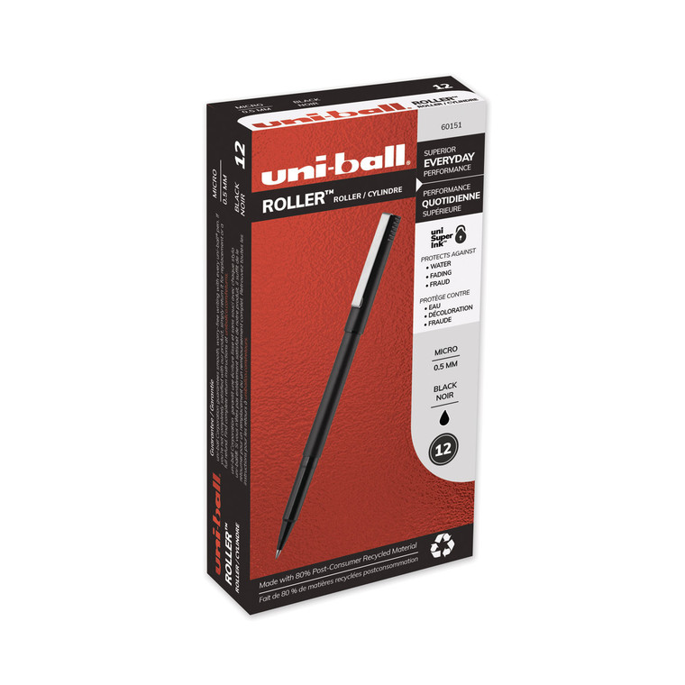 Roller Ball Pen, Stick, Micro 0.5 Mm, Black Ink, Black Matte Barrel, Dozen - UBC60151