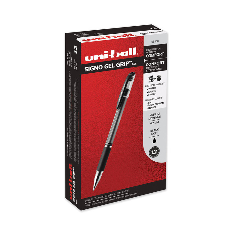 Signo Grip Gel Pen, Stick, Medium 0.7 Mm, Black Ink, Silver/black Barrel, Dozen - UBC65450