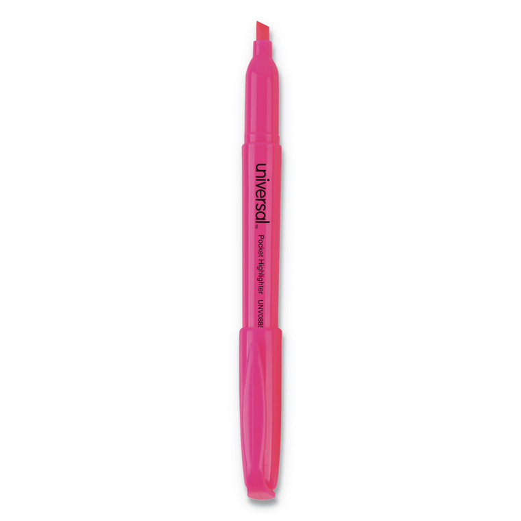 Pocket Highlighters, Fluorescent Pink Ink, Chisel Tip, Pink Barrel, Dozen - UNV08855