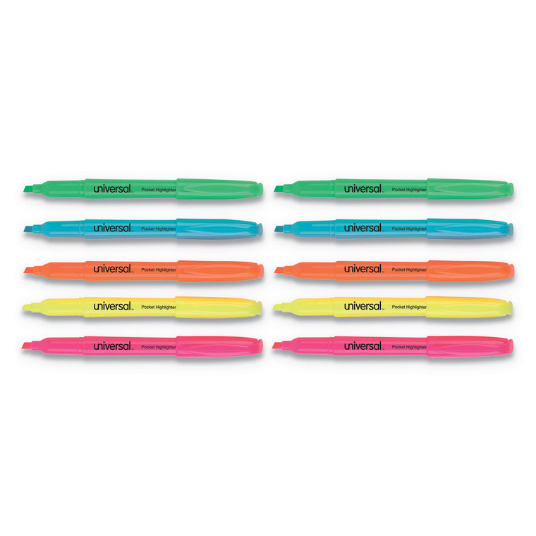 Pocket Highlighters, Assorted Ink Colors, Chisel Tip, Assorted Barrel Colors, Dozen - UNV08857