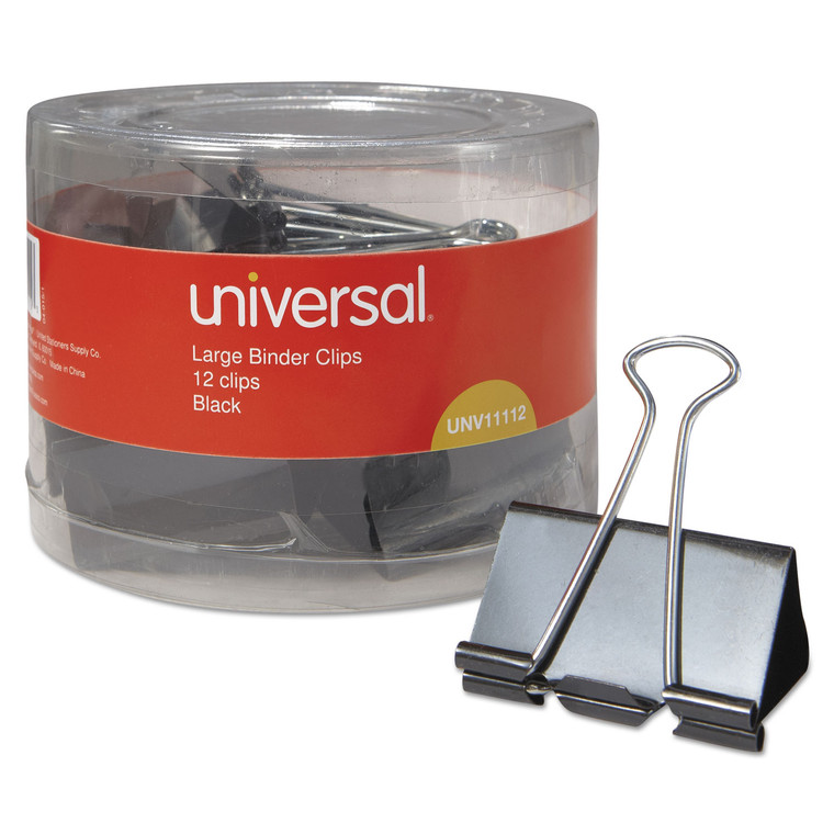 Binder Clips In Dispenser Tub, Large, Black/silver, 12/pack - UNV11112