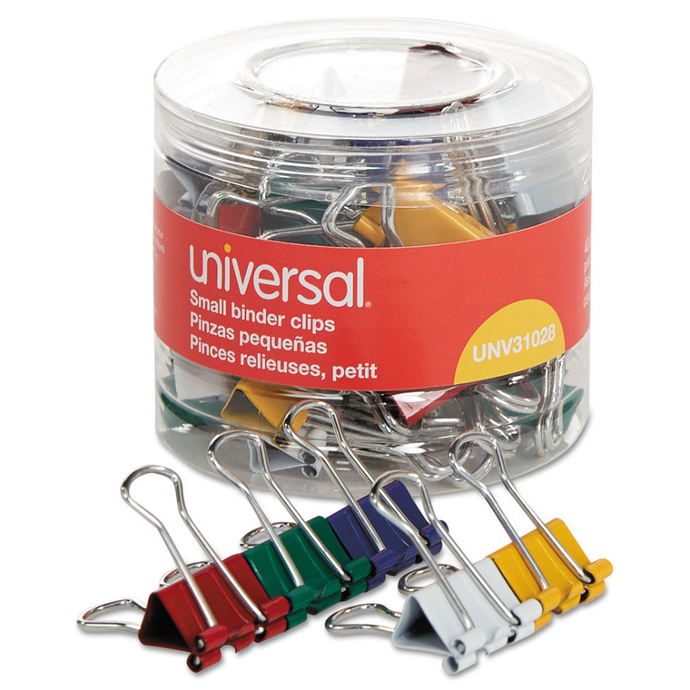 Binder Clips In Dispenser Tub, Small, Assorted Colors, 40/pack - UNV31028