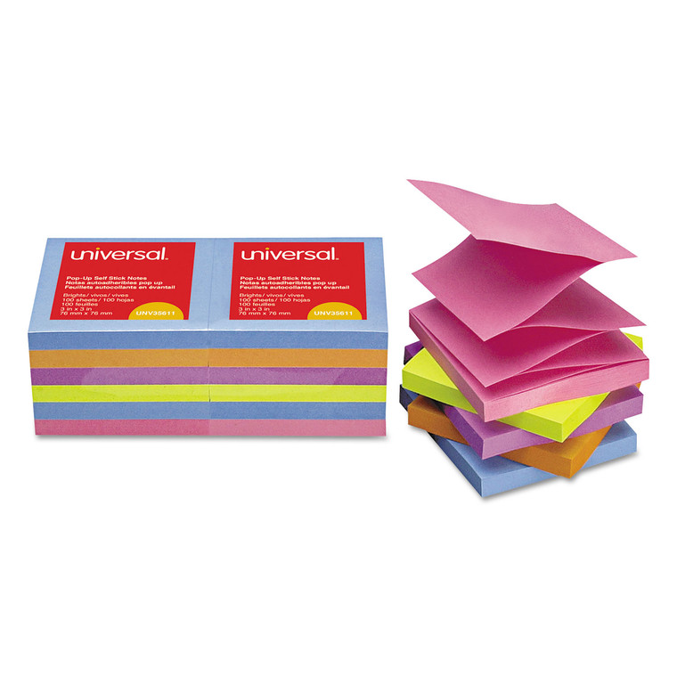 Fan-Folded Self-Stick Pop-Up Note Pads, 3 X 3, Assorted Bright, 100-Sheet, 12/pk - UNV35611