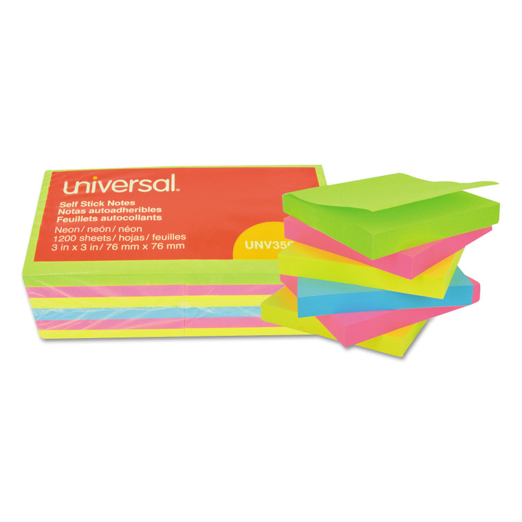 Self-Stick Note Pads, 3 X 3, Assorted Neon Colors, 100-Sheet, 12/pack - UNV35612
