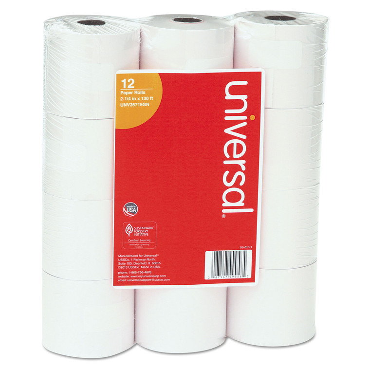 Impact And Inkjet Print Bond Paper Rolls, 0.5" Core, 2.25" X 130 Ft, White, 12/pack - UNV35715GN