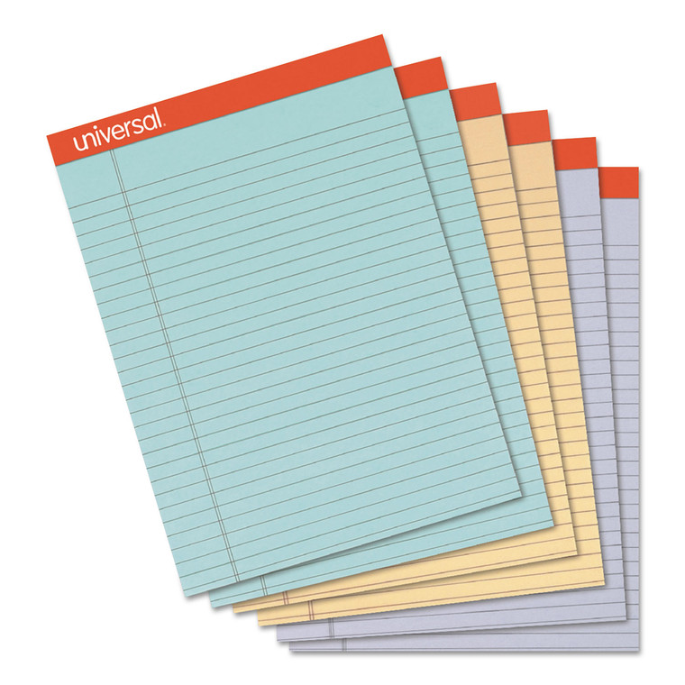 Colored Perforated Ruled Writing Pads, Wide/legal Rule, 50 Assorted Color 8.5 X 11.75 Sheets, 6/pack - UNV35878