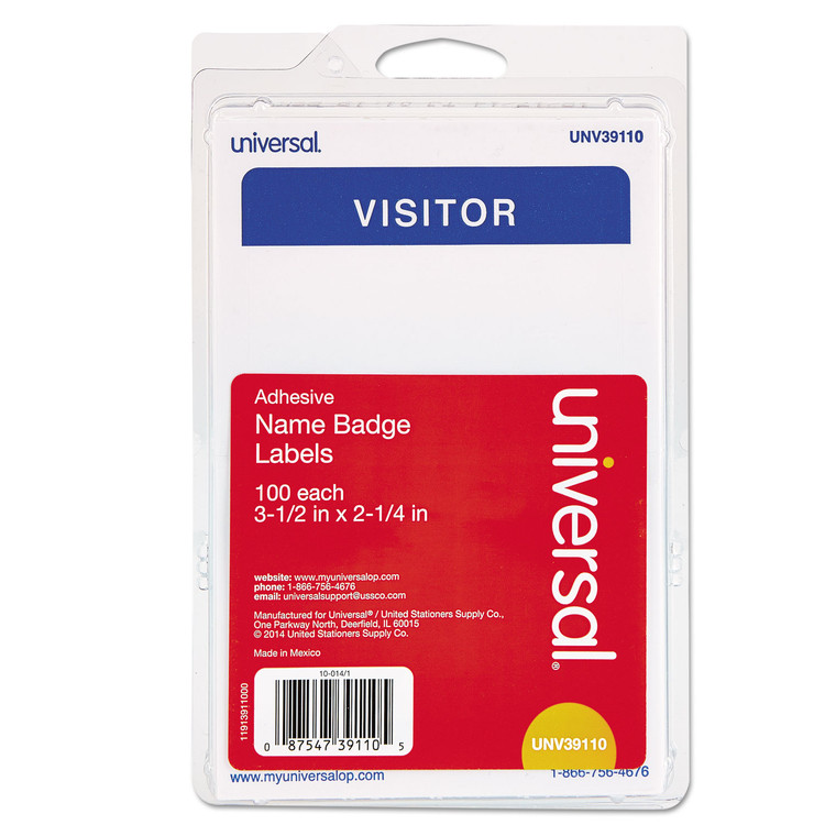 "Visitor" Self-Adhesive Name Badges, 3 1/2 X 2 1/4, White/blue, 100/pack - UNV39110