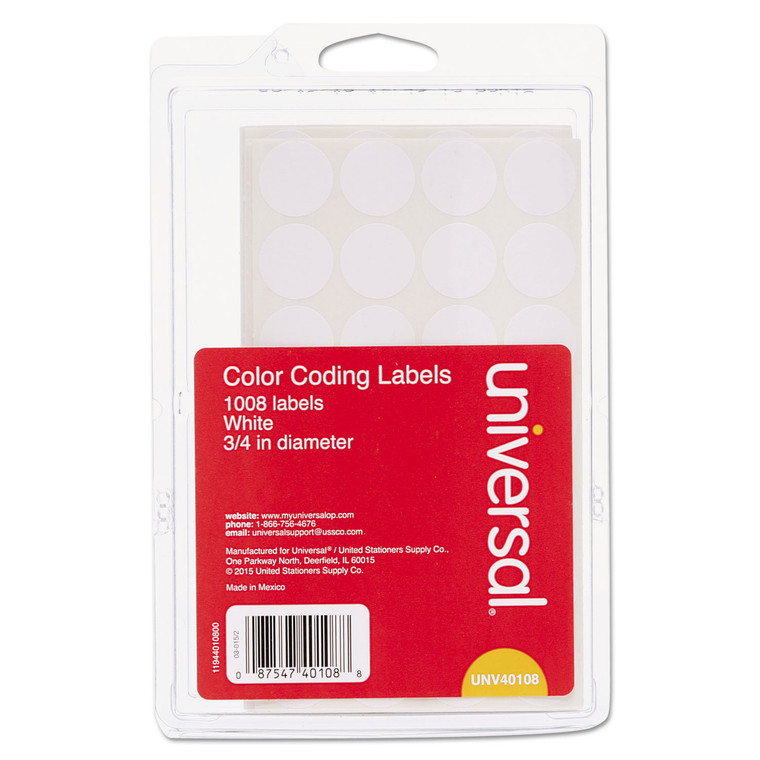 Self-Adhesive Removable Color-Coding Labels, 0.75" Dia., White, 28/sheet, 36 Sheets/pack - UNV40108