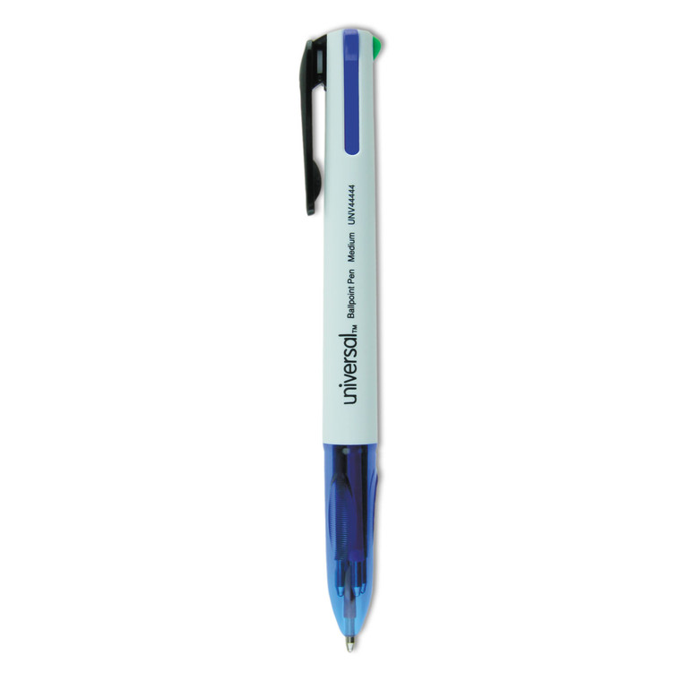 4-Color Multi-Color Ballpoint Pen, Retractable, Medium 1 Mm, Black/blue/green/red Ink, White/translucent Blue Barrel, 3/pack - UNV44444