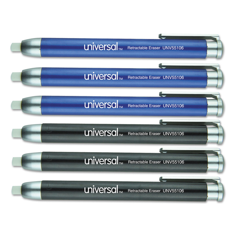 Pen-Style Retractable Eraser, For Pencil Marks, White Eraser, Assorted Barrel Colors, 6/pack - UNV55106