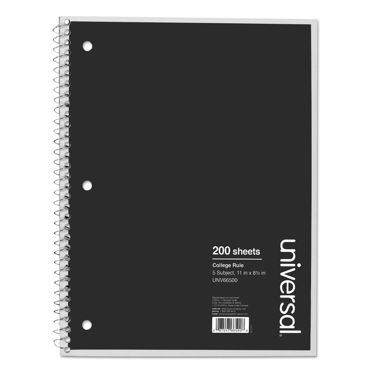 Wirebound Notebook, 5 Subject, Medium/college Rule, Black Cover, 11 X 8.5, 200 Sheets - UNV66500