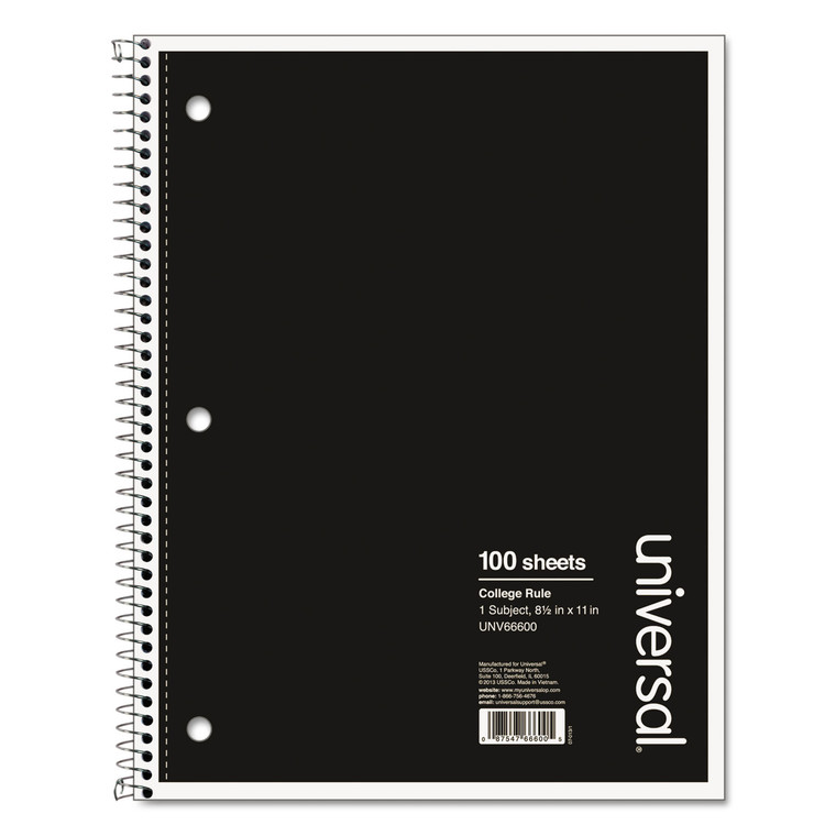 Wirebound Notebook, 1 Subject, Medium/college Rule, Black Cover, 11 X 8.5, 100 Sheets - UNV66600