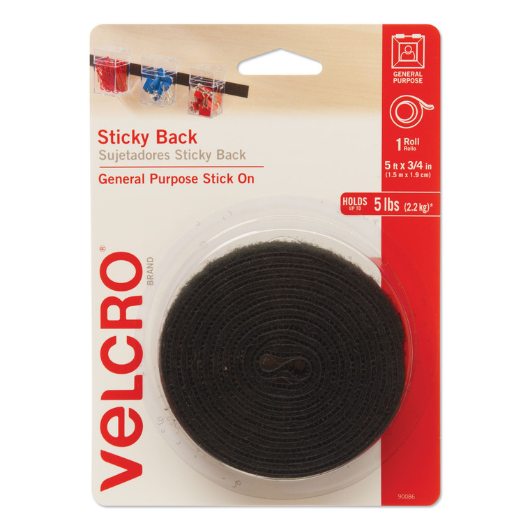 Sticky-Back Fasteners With Dispenser, Removable Adhesive, 0.75" X 5 Ft, Black - VEK90086