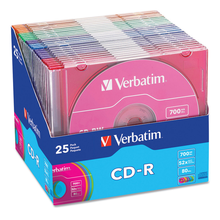 Cd-R Recordable Disc, 700 Mb/80 Min, 52x, Slim Jewel Case, Assorted, 25/pack - VER94611