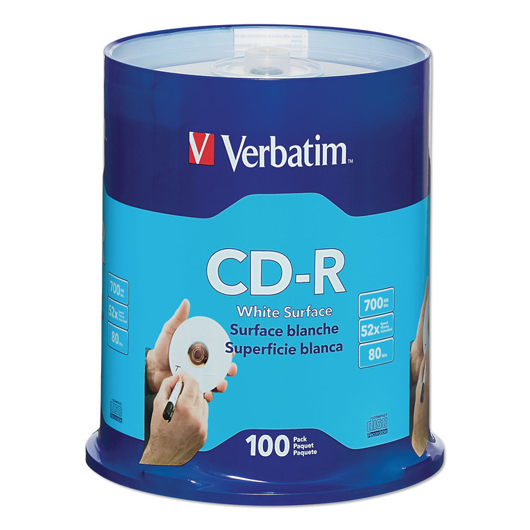 Cd-R Recordable Disc, 700 Mb/80 Min, 52x, Spindle, White, 100/pack - VER94712