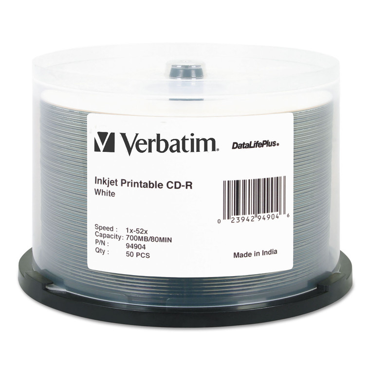 Cd-R Datalife Plus Printable Recordable Disc, Printable, 700 Mb/80 Min, 52x, Spindle, White, 50/pack - VER94904