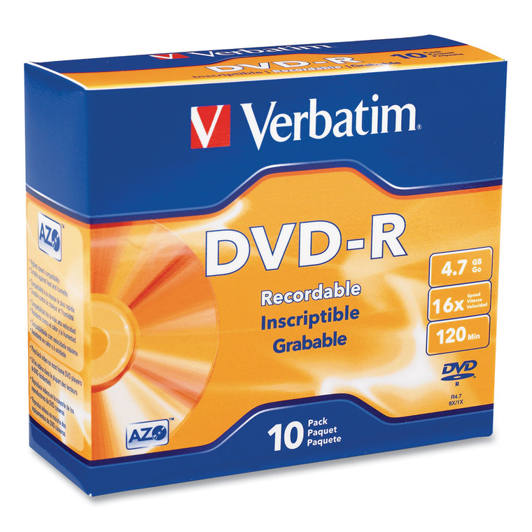 Dvd-R Recordable Disc, 4.7gb, 16x, Slim Jewel Case, Matte Silver, 10/pack - VER95099