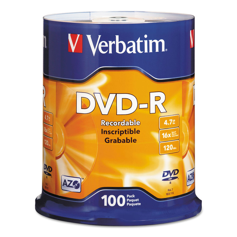 Dvd-R Recordable Disc, 4.7 Gb, 16x, Spindle, Silver, 100/pack - VER95102