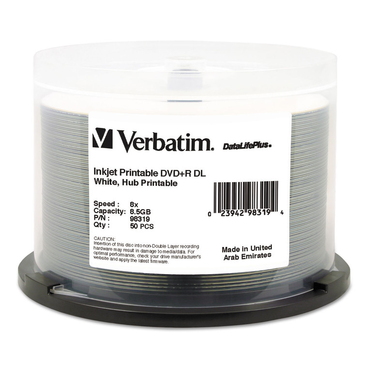 Dvd+r Dual Layer Printable Recordable Disc, 8.5 Gb, 8x, Spindle, White, 50/pack - VER98319