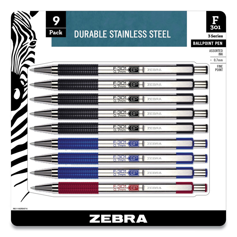 F-301 Ballpoint Pen, Retractable, Fine 0.7 Mm, Assorted Ink And Barrel Colors, 9/pack - ZEB11169