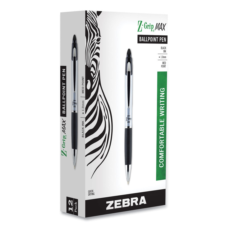 Z-Grip Max Ballpoint Pen, Retractable, Medium 1 Mm, Black Ink, Silver Barrel, Dozen - ZEB22410