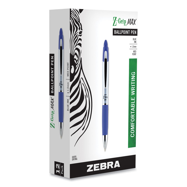 Z-Grip Max Ballpoint Pen, Retractable, Medium 1 Mm, Blue Ink, Silver Barrel, Dozen - ZEB22420