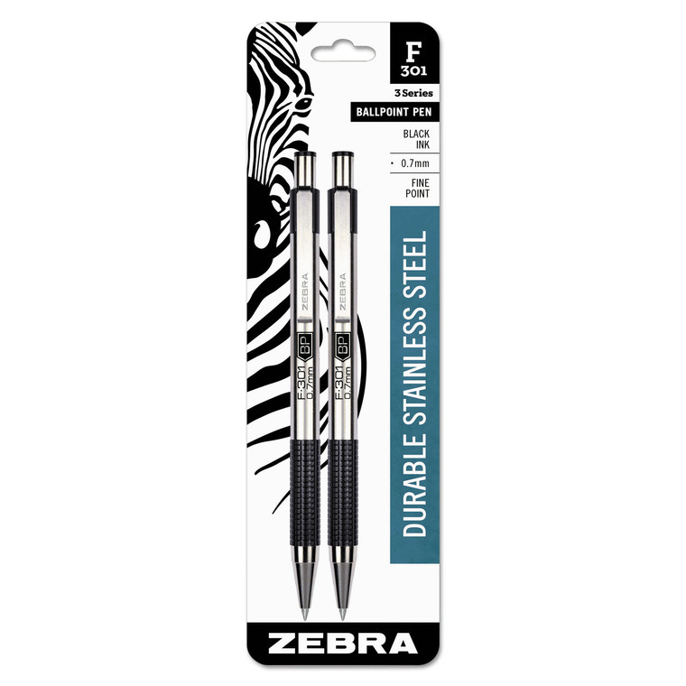 F-301 Ballpoint Pen, Retractable, Fine 0.7 Mm, Black Ink, Stainless Steel/black Barrel, 2/pack - ZEB27112