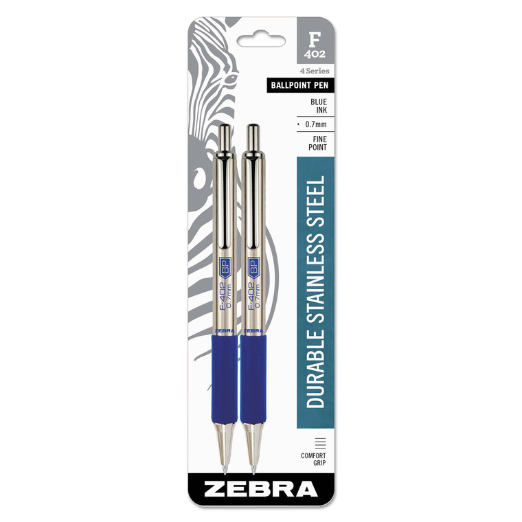 F-402 Ballpoint Pen, Retractable, Fine 0.7 Mm, Blue Ink, Stainless Steel/blue Barrel, 2/pack - ZEB29222