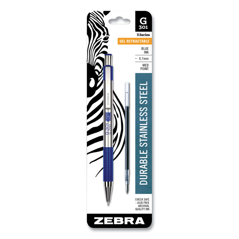 G-301 Gel Pen, Retractable, Medium 0.7 Mm, Blue Ink, Stainless Steel/blue Barrel - ZEB41321