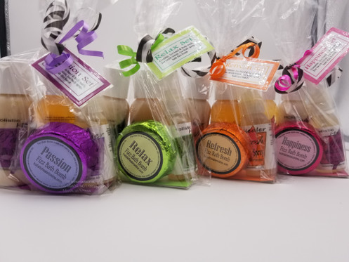 A simple gift they will love! Get your favorite blend in a bag choose from Happiness, Passion, Relax, Refresh. Set includes fizz bath bomb, Aromatherapy spray 1oz, Body wash and Lavish lotion 2oz A simple gift they will love! Get your favorite blend in a bag choose from Happiness, Passion, Relax, Refresh. Set includes fizz bath bomb, Aromatherapy spray 1oz, Body wash and Lavish lotion 2oz