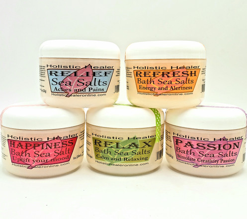 Our Sea Bath Salt Soak nourishes your skin with minerals, helps remove impurities, helps to relieve aching muscles and joints, and helps detoxify your body. Sea Bath salts add trace minerals to the skin and essential ingredients to soften dry patches, and soothe irritated skin. comes in 5 different blends. Our Sea Bath Salt Soak nourishes your skin with minerals, helps remove impurities, helps to relieve aching muscles and joints, and helps detoxify your body. Sea Bath salts add trace minerals to the skin and essential ingredients to soften dry patches, and soothe irritated skin. comes in 5 different blends.
