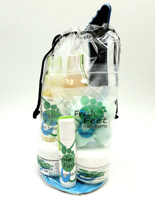 Foot care anywhere! Do your toes look tossed around? Do your heals look hard? When you don't have time to get a pedicure or you need a quick fix, our foot care kit is ready to go!
Kit Contains: 2oz Just Soakin (foot soak) 2oz Foot Spray 1oz Funky Foot Creme, 1oz Scrub and Grind (foot scrub), 1/2 oz Sole Food (lotion stick for dry/cracked skin)  6 Fizz foot bombs, Foot File, Foot Brush, all in a handy drawstring bag! Foot care anywhere! Do your toes look tossed around? Do your heals look hard? When you don't have time to get a pedicure or you need a quick fix, our foot care kit is ready to go!
Kit Contains: 2oz Just Soakin (foot soak) 2oz Foot Spray 1oz Funky Foot Creme, 1oz Scrub and Grind (foot scrub), 1/2 oz Sole Food (lotion stick for dry/cracked skin)  6 Fizz foot bombs, Foot File, Foot Brush, all in a handy drawstring bag!