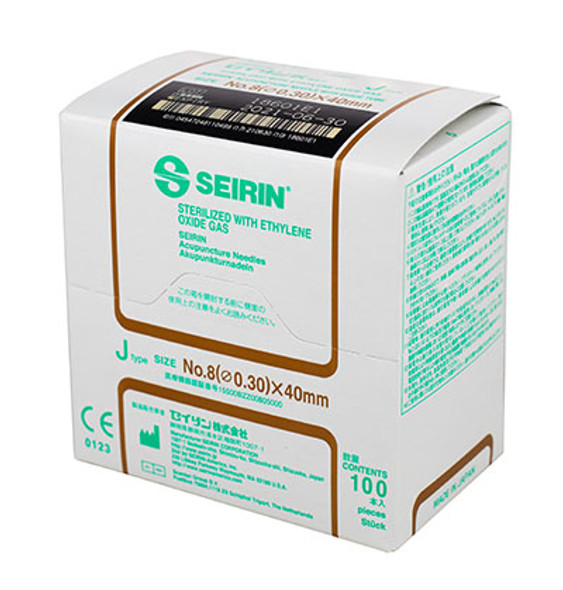 SEIRIN J-Type Acupuncture Needles, Size 8 (0.30mm) x 40mm,  Box of 100 Needles