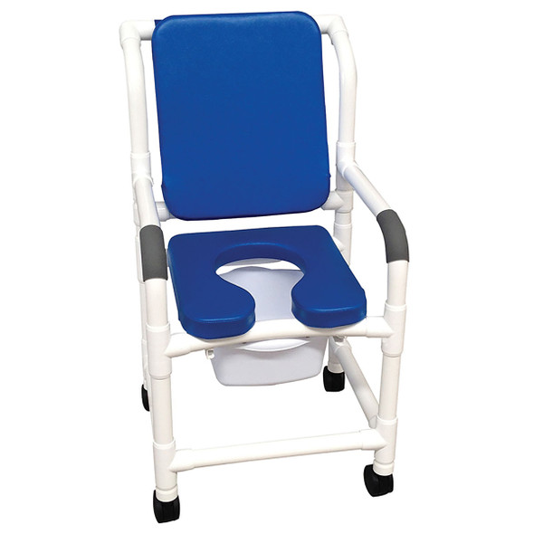 MJM International, deluxe shower chair (18"), twin casters (3"), cushioned padded, blue