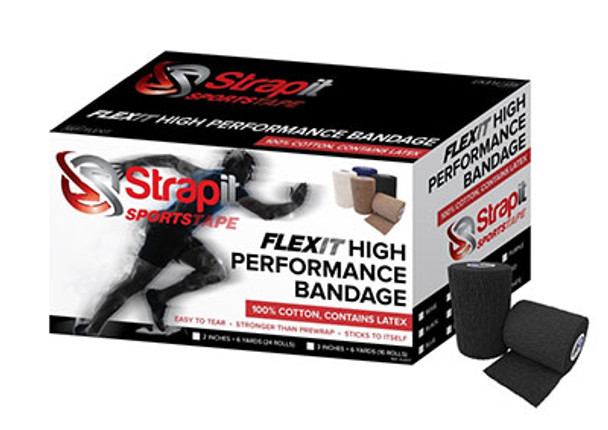 Strapit SPORTSTAPE, Flexit High Performance Bandage, 3 in x 6 yrd Roll, Case of 16 Rolls, Black