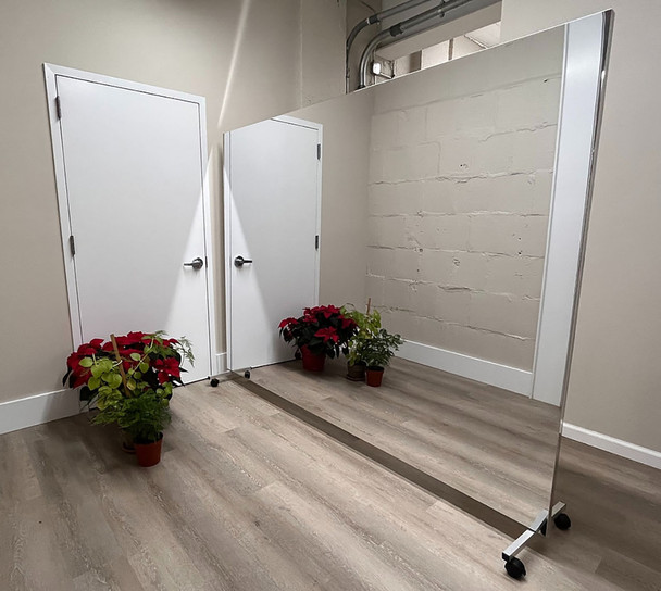 Glassless Mirror, Rolling Stand and Corkboard Back Panel, 72" W x 96" H