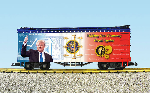 Making Our Economy Great Again Patriotic Car; w/Campac boxes, Kadee couplers and trucks, and steel wheels; Gently used Making Our Economy Great Again Patriotic Car; w/Campac boxes, Kadee couplers and trucks, and steel wheels; Gently used