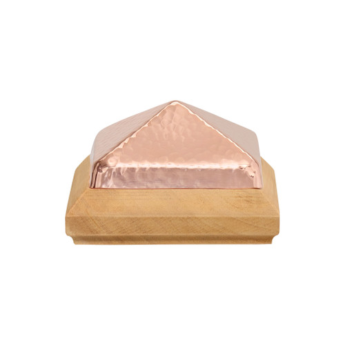 Traditional Wood Base with Hammered Copper Pyramid post cap. Fits 4x4 inch posts and mounts with Liquid Nail. Provides ultimate protection for your fence or deck posts from rain or weather damage by capping the end-grain of the wood and preventing water from soaking into the post