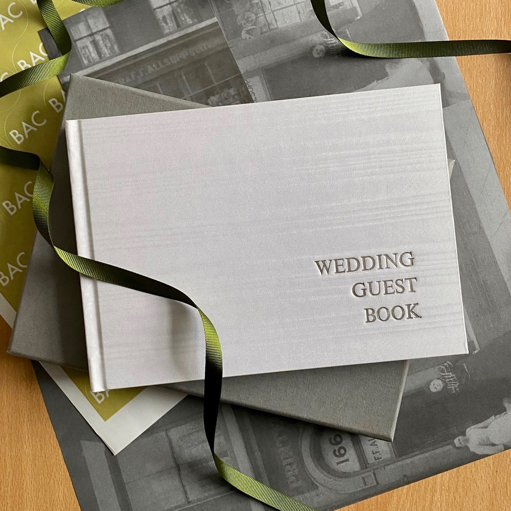 Wedding Guest Book  | White Moiré Satin Taffeta