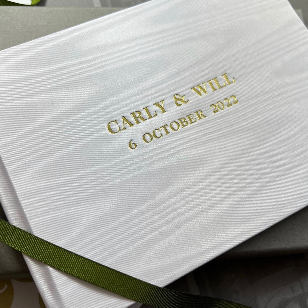 Wedding Guest Book  | White Moiré Satin Taffeta