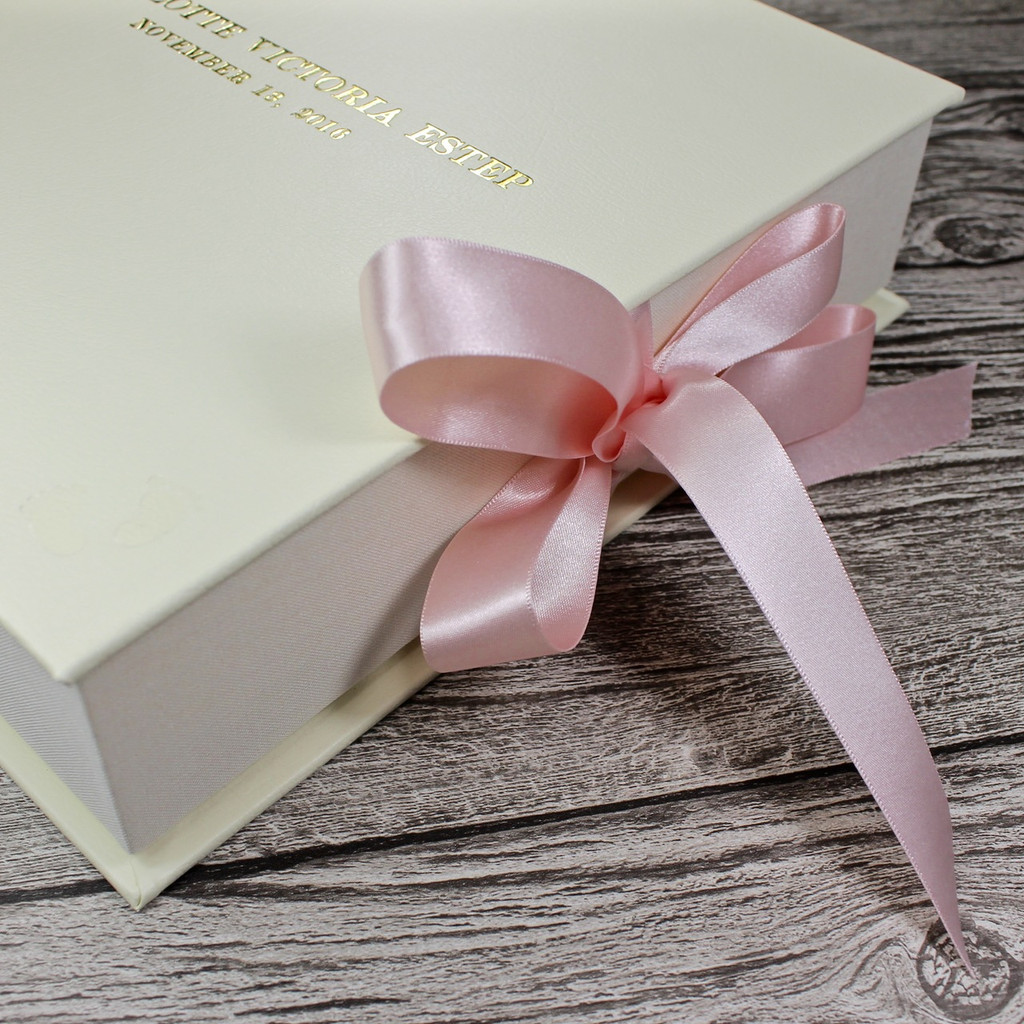 Ivory Leather Baby Girl Keepsake Memory Box - Pink Ribbon Tie 