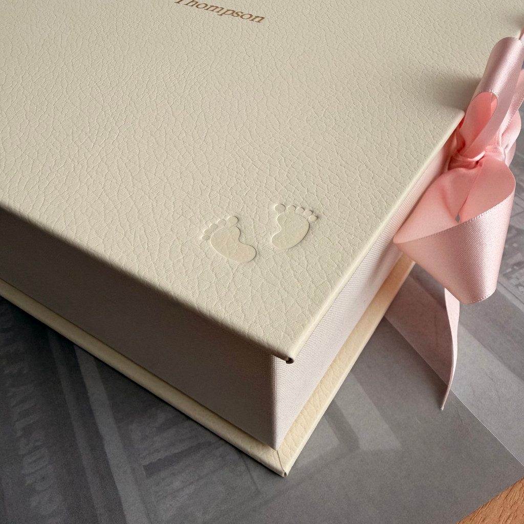 Baby Girl Keepsake Memory Box | Ivory Leather  | Pink Ribbon Tie