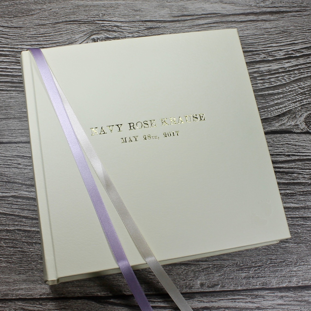 Baby Girl Memory Record Book | Ivory Leather | Lilac & Ivory Ribbon